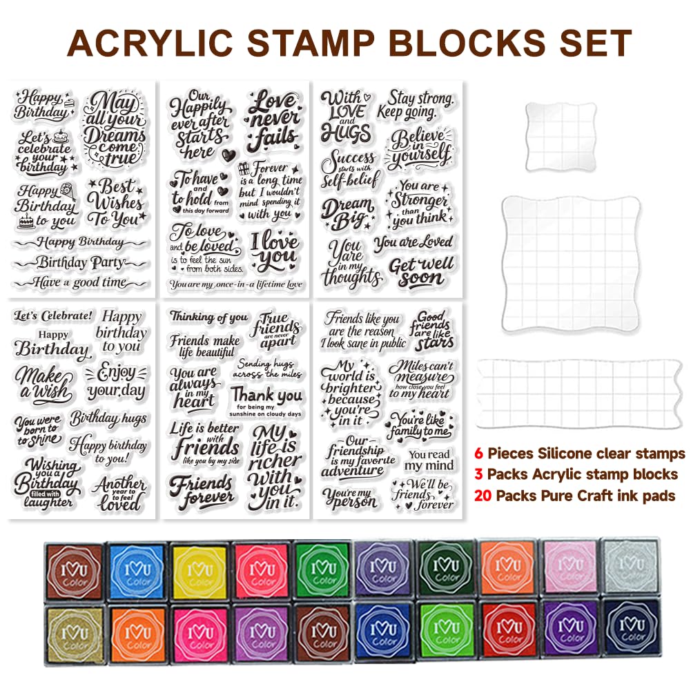 GLASSWINDS 6 Pcs Greeting Words Clear Stamps for Card Making Supplies 20 Ink Pad 3 Acrylic Stamp Block Silicone Stamp with Holiday Bless Happy Birthday Stamps for Crafting DIY Scrapbooking Journal