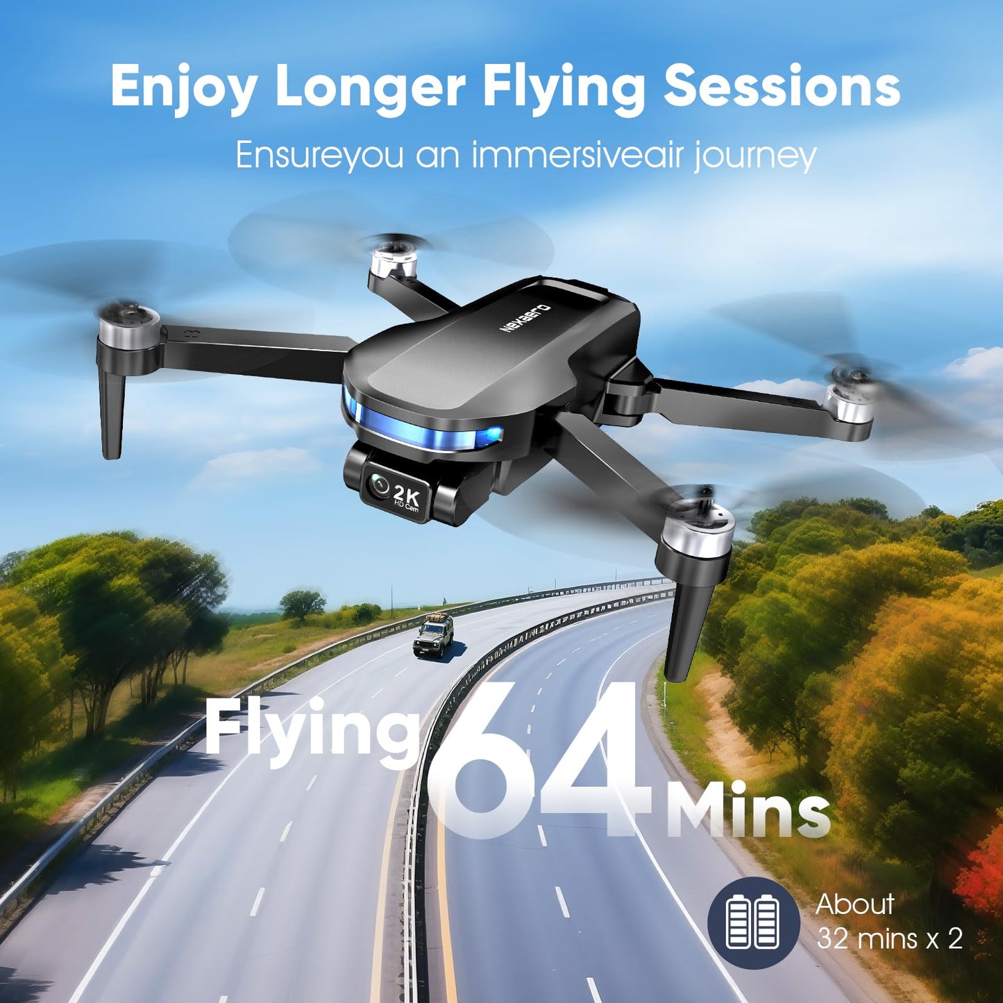 GPS Drone with EIS 2K Camera for Adults, 7.22 inch Screen on Remote Controller, 64 Mins Flight, Long Range Transmission, 3 Speed Adjustable, Follow Me, AI Track, AI Night Shot, Auto Return, Lightweight and Foldable RC Drones for Beginner Toy Gifts, Under
