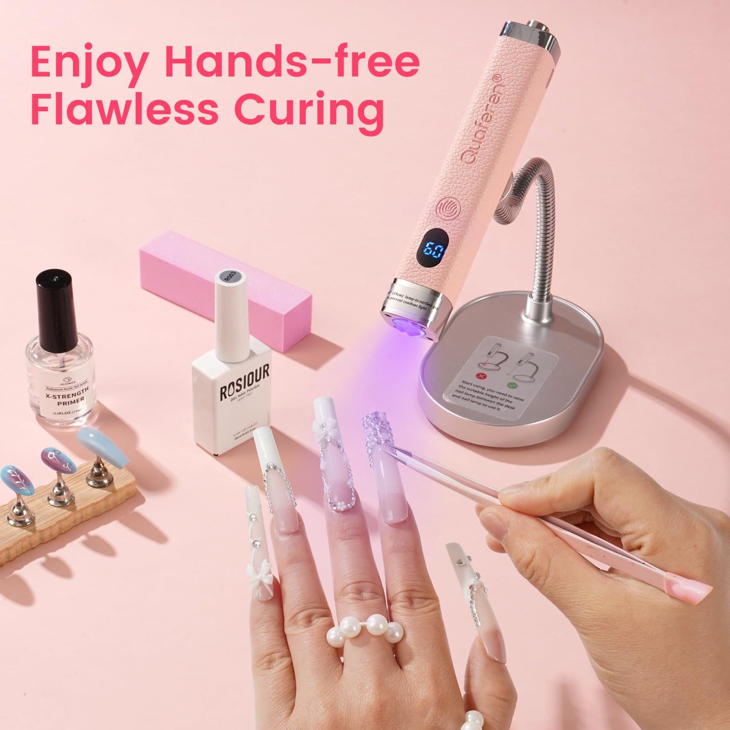 Quaferen Mini Handheld UV Light for Gel Nails with Stand, Rechargeable Flash Cure Nail Lamp with Auto Sensor, Cat Eye Magnet for Fast Drying at Home Salon (Pink)