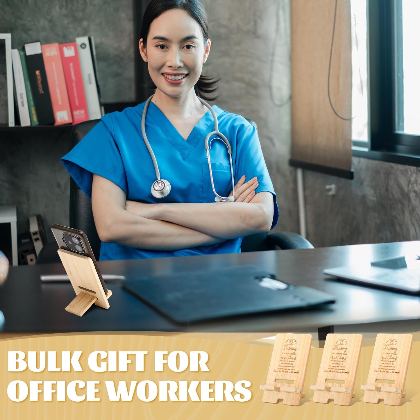 Novabright 12 Pcs 2026 Nurse Appreciation Gift Bulk Bamboo Phone Stand for Desk Office Worker Thank You Gift for Rn Staff Coworker Doctor Student Grad Graduate Office