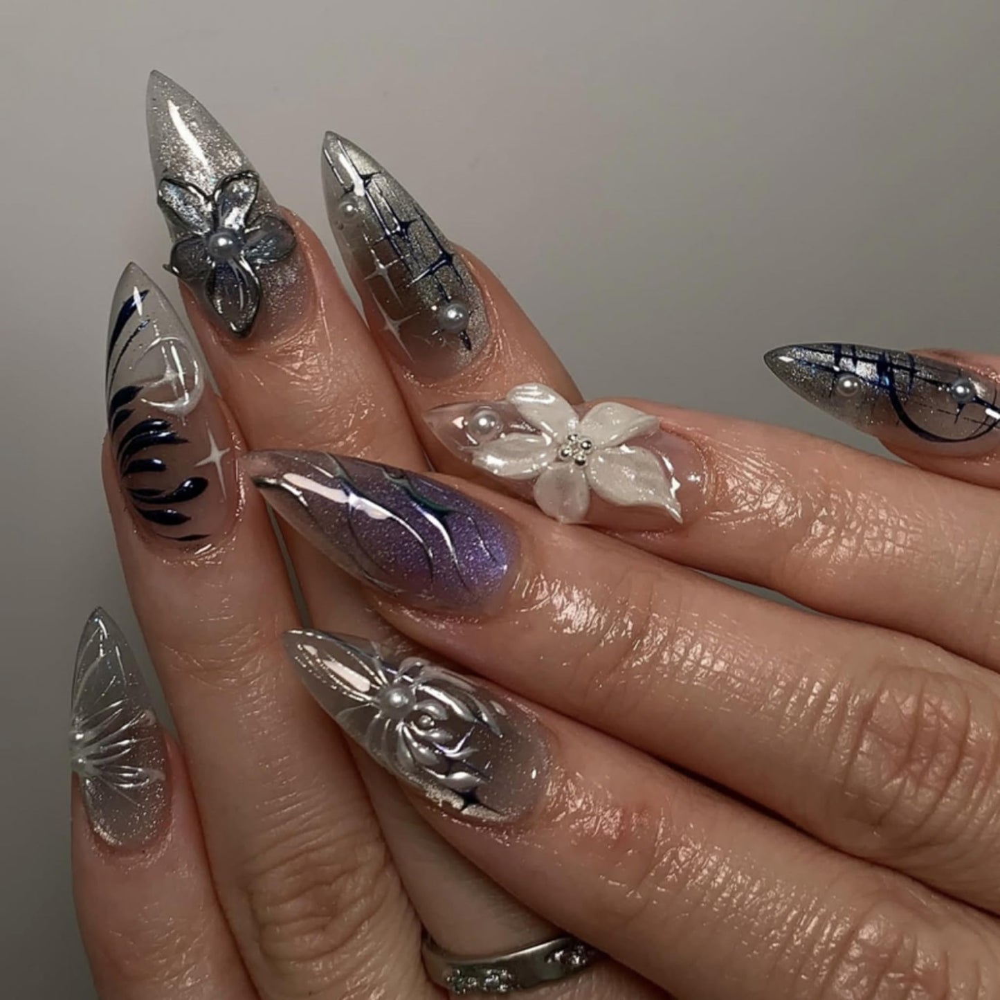 Almond Press on Nails Long Fake Nails Silver Artificial Nail SEENEEY Pearl 3D Flowers Designs Stars Moon Stick on Nail for Women 24pcs
