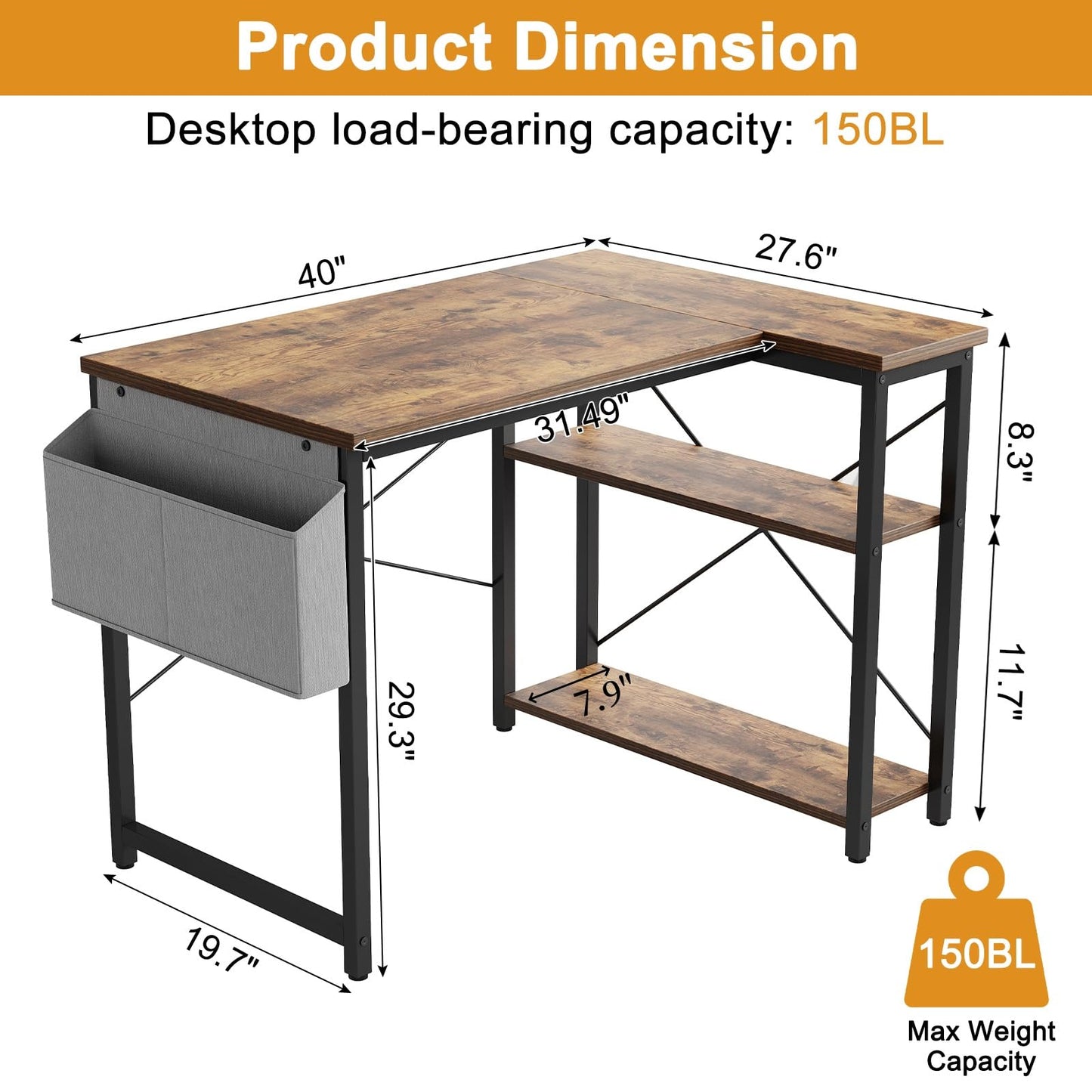 Grandder L Shaped Computer Desk with Reversible Shelves, 40 Inch Small Corner Desk with Storage Bag, Gaming Desk Computer Table Study Writing Desk for Home Office Small Space, Rustic Brown