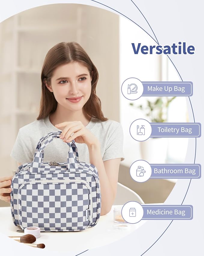 Narwey Large Travel Toiletry Bag for Traveling Women, Cosmetic Makeup Bag Make Up Organizer, Checkered Travel Bag for Toiletries with Handle (Grayish Blue Checkerboard)