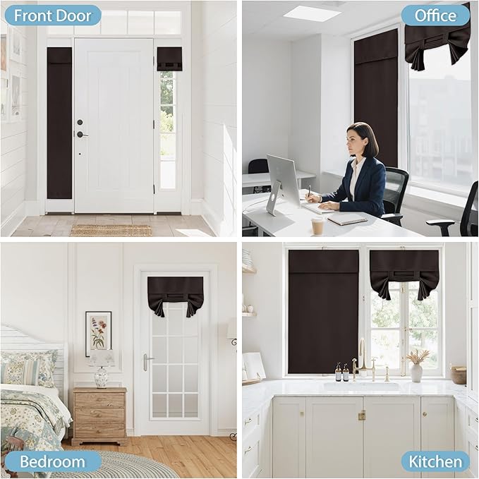RYB HOME Blackout French Door Curtain - Privacy Thermal Insulated Window Shades for Patio Kitchen Front Entry Back Door Glass Window, Self Adhesive No Drill, 1 Panel, 12" W x 69" L, Brown
