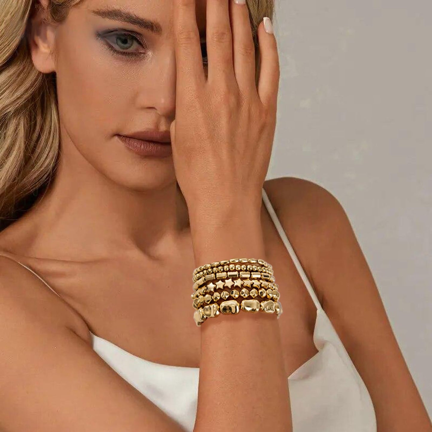 Sajidos Gold Plated Beaded Bracelets for Women Trendy, 14K Gold Plated Stack Cross Pearl Bead Stretch Bracelets Set Elastic Hypoallergenic Bracelets Jewelry Gifts (style2)