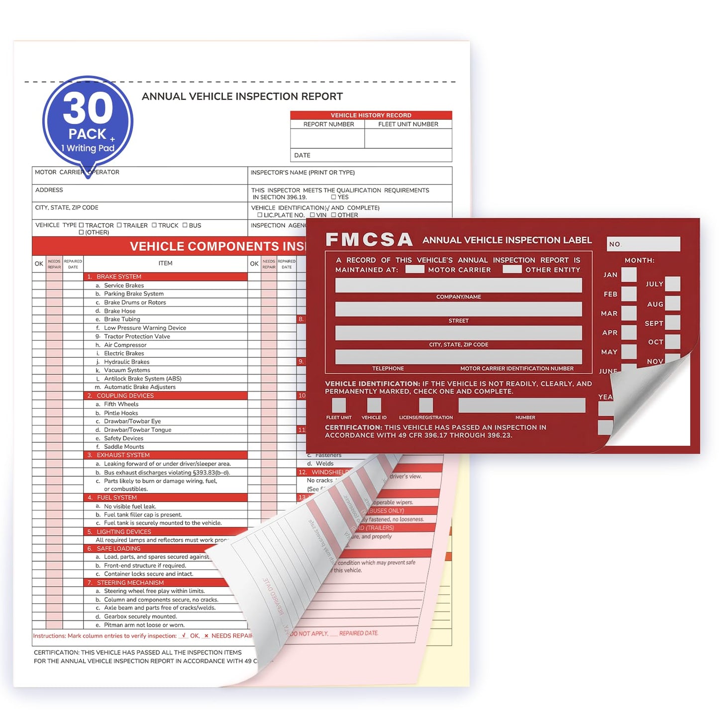 Annual Vehicle Inspection Record Kit – 3-Part NCR Forms (30 Sets) + High-Visibility Adhesive Labels (30) – for Trucks & Fleet Recordkeeping | Supports 49 CFR §396.17