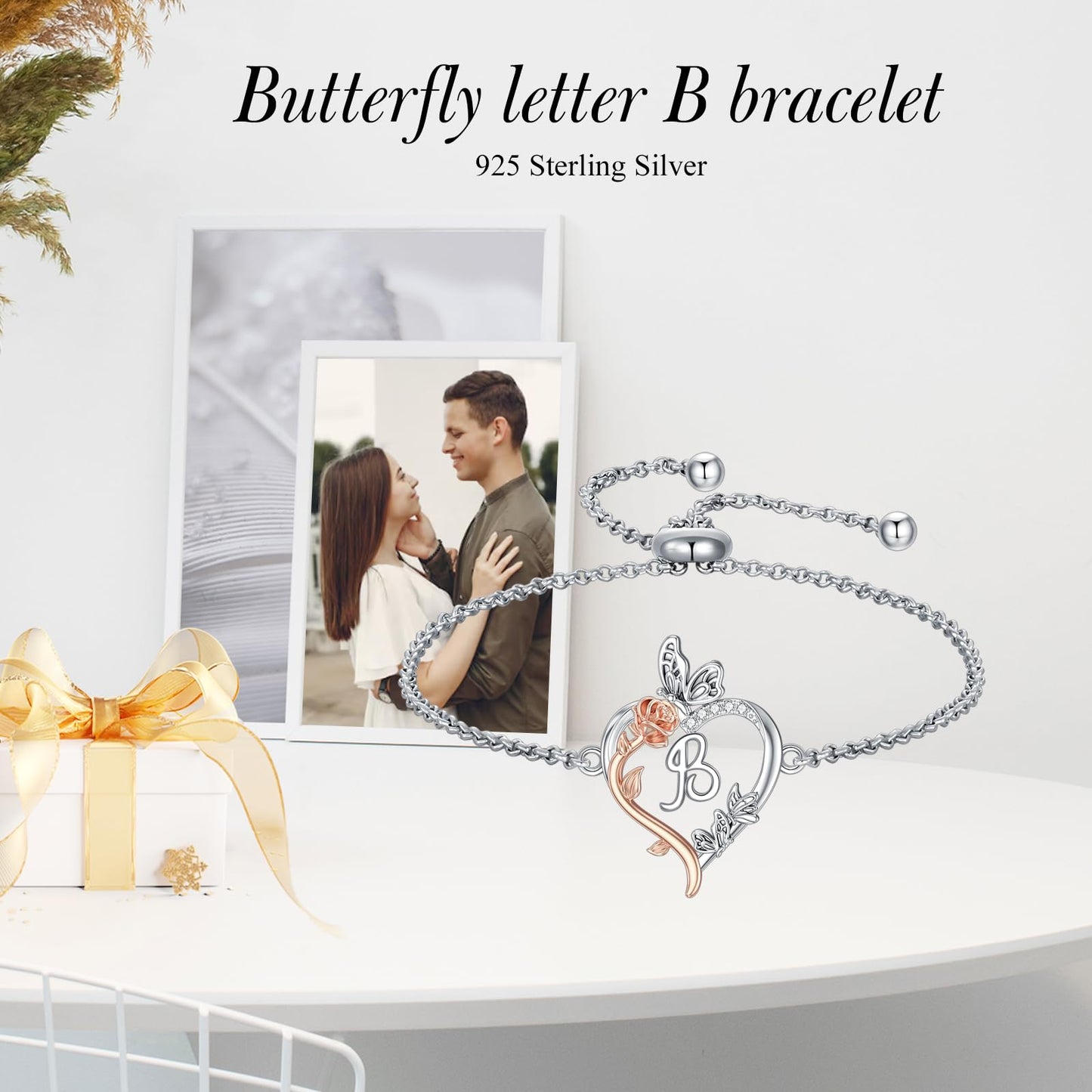 TOUPOP Rose Heart Bracelet for Women Sterling Silver Heart Initial B Letter Bracelet Butterfly Love Jewelry Anniversary Birthday Mothers Day Gifts for Mom Wife Her Girlfriend