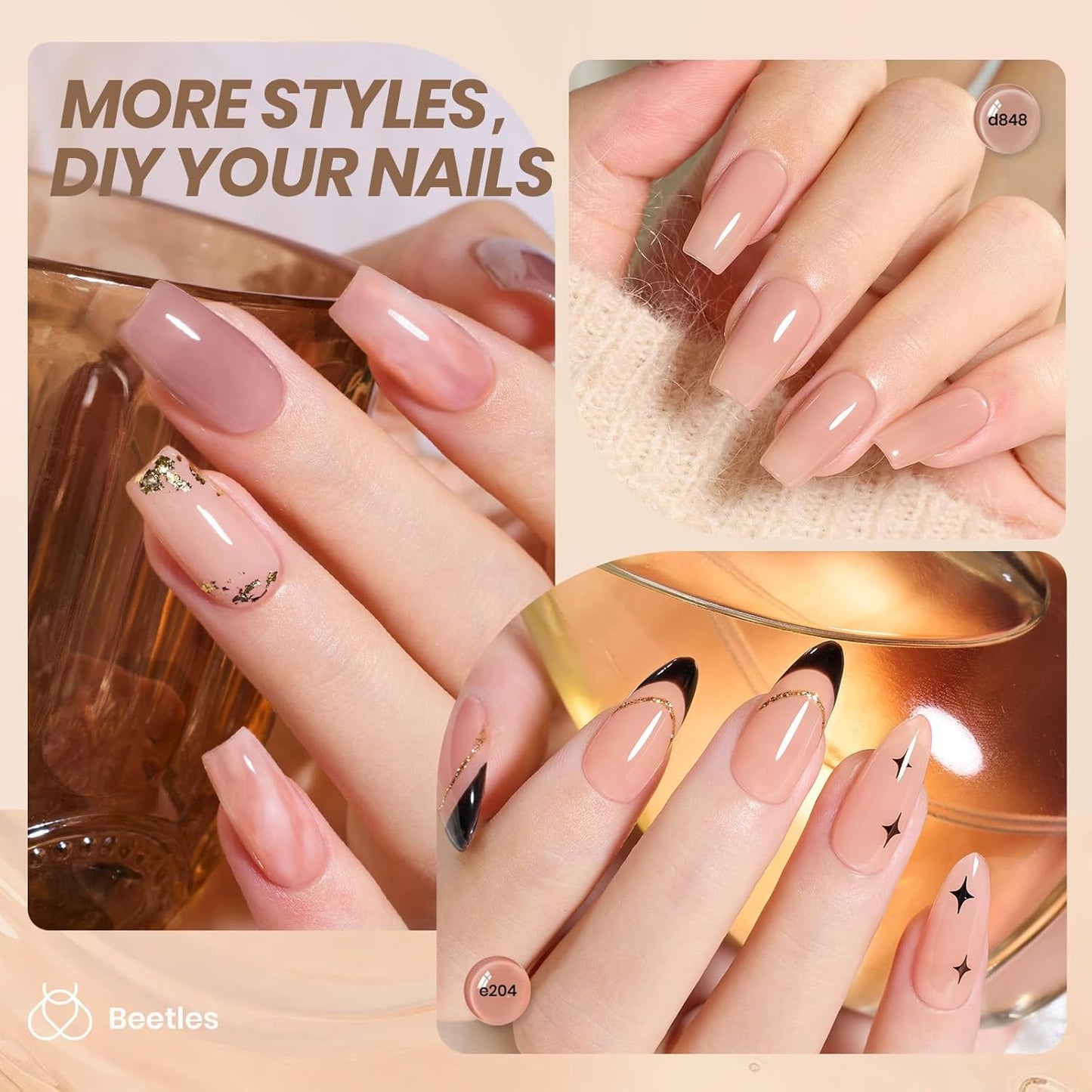 Beetles Nude Gel Nail Polish Set - 6 Colors Neutral Nude Jelly Gel Nail Polish Kit Sheer Transparent Effect Soak Off UV DIY Dusky Mocha French Nail Art Manicure Gifts for Women