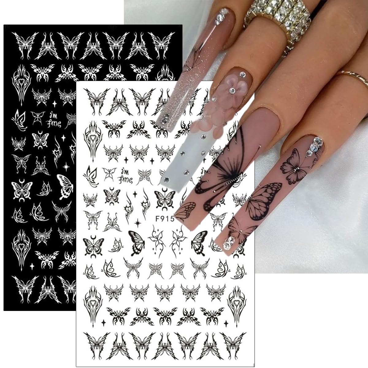 10Pcs Gothic Nail Stickers 3D Self-Adhesive Black White Nail Art Stickers Rose Leaf Snake Moon Star Design Nail Decoration Horror Eyes Nail Decals Flame Butterfly Nail Supplies for Acrylic Nail DIY