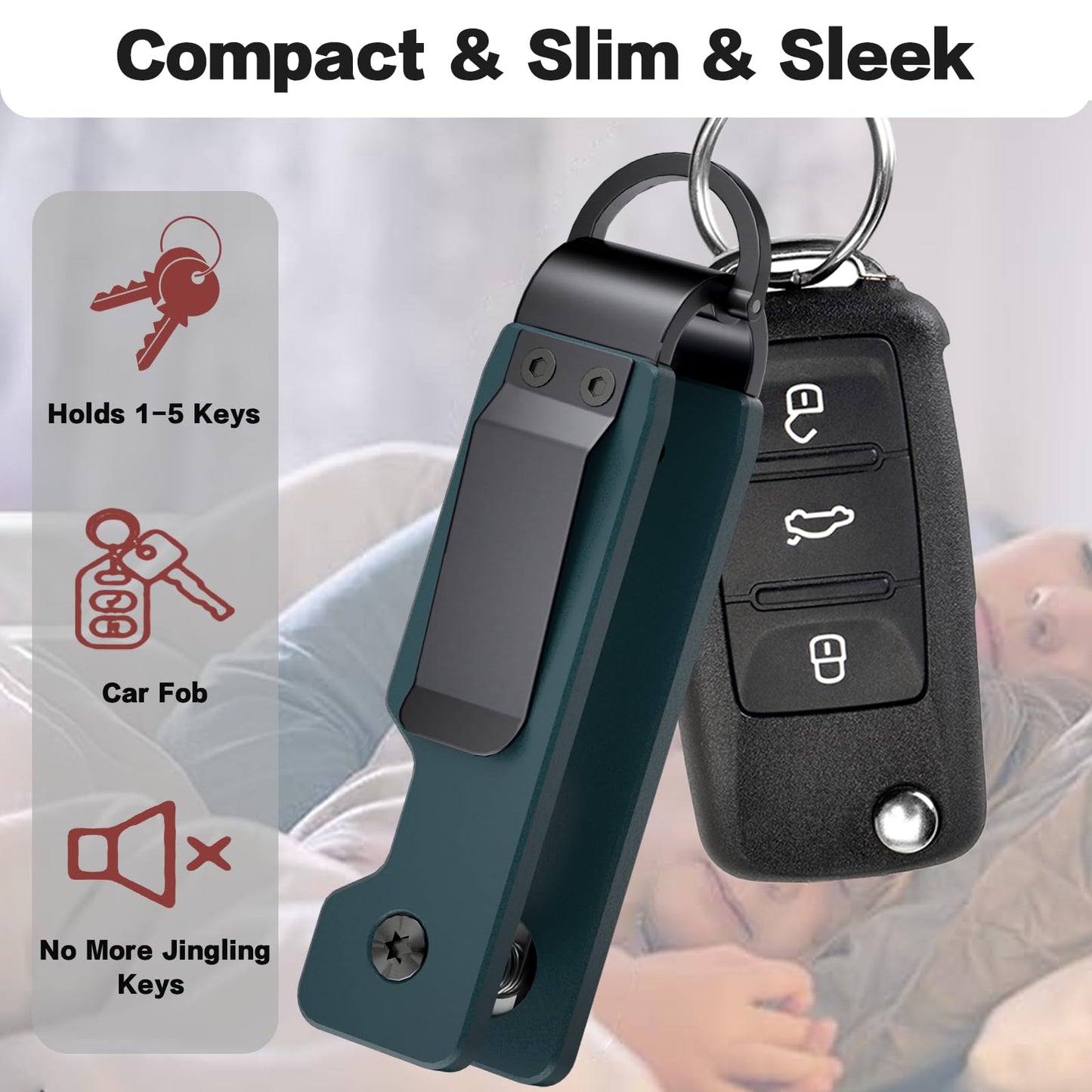 Evcing Key Organizer, Compact Key Holder for Keychain, Metal Minimalist Pocket Key Chain, Secures 1-5 Keys (Navy Blue)