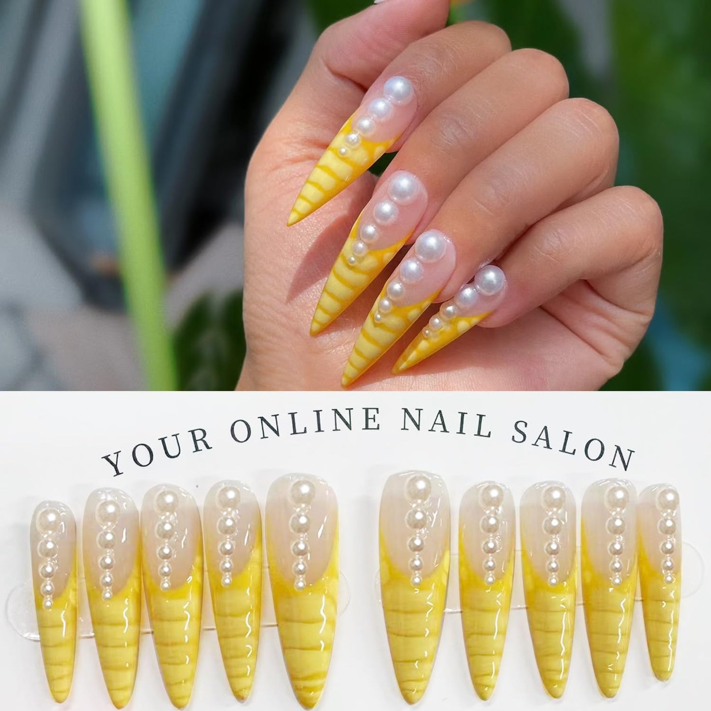 GREENTEA Handmade Nail Pearl Decorated Press-On Nails, Yellow Unicorn Horn Design, Medium Length, 10 Pieces,Size-M