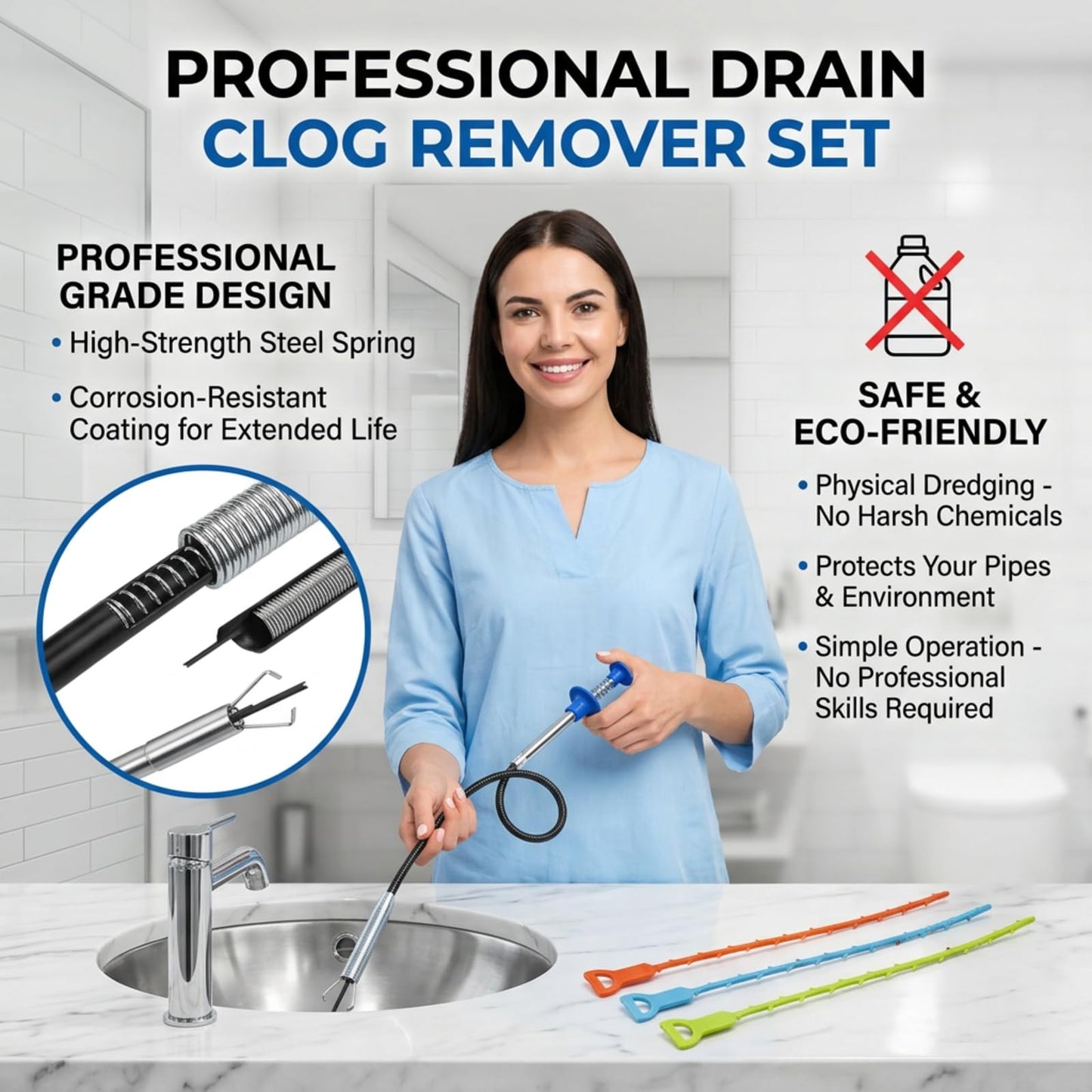 Drainage Snake, Drainage Cleaner, and Hair Removal Tool - Upgraded Version With Easier Pressing, Suitable for Toilet Unclogging, Sink, Shower, Flexible Drainage Snake - (23 inches, 79 inches)