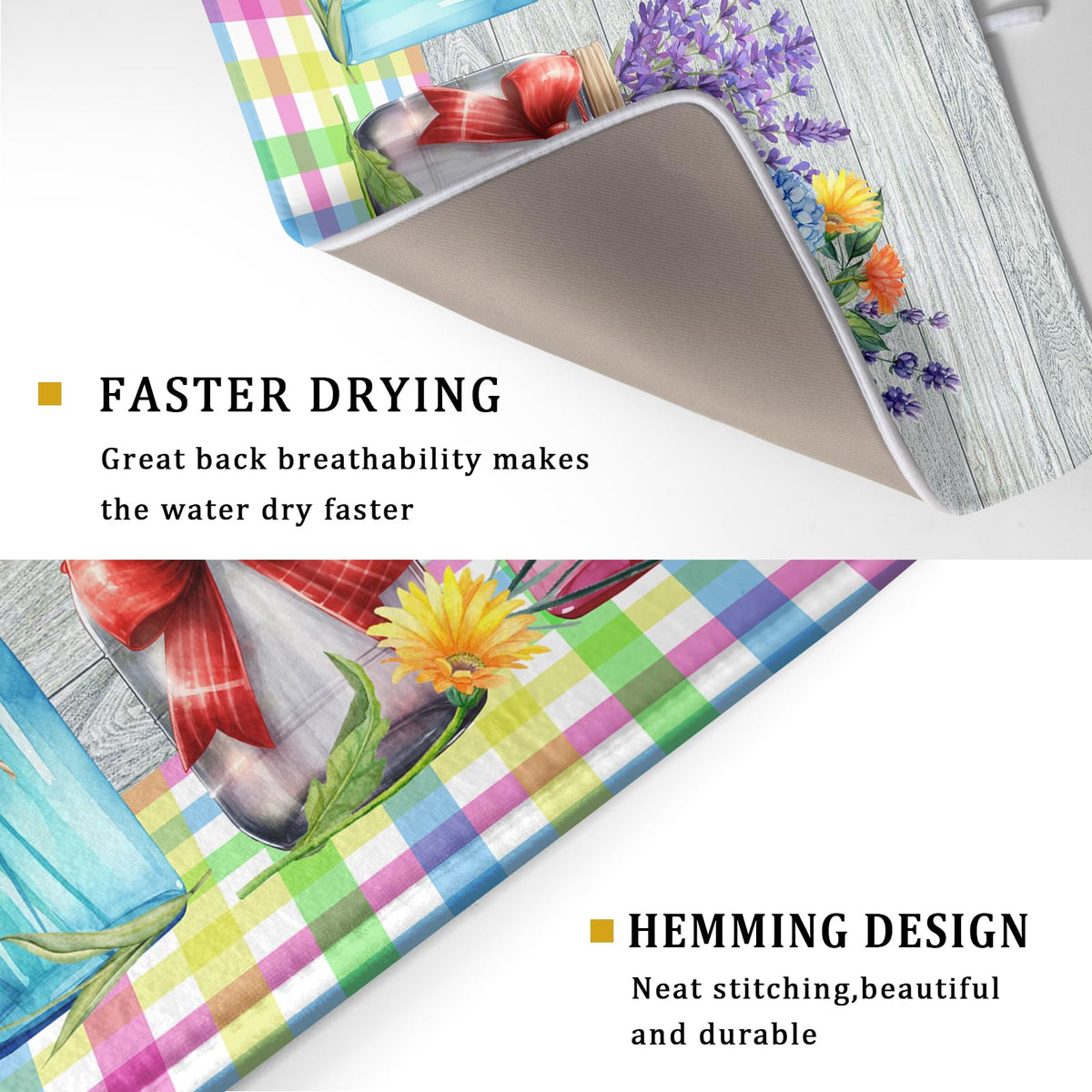 Spring Summer Flowers Dish Drying Mat for Kitchen Counter 16"x18" Spring Floral Jars Drying Mat Soft Absorbent Microfiber Farmhouse Colorful Floral Dish Drainer Rack Mats for Counter tops
