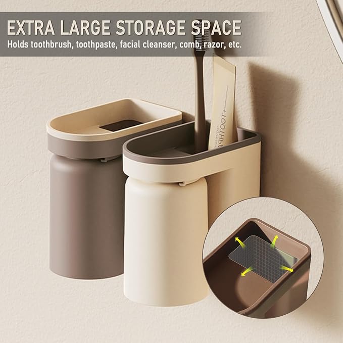 Toothbrush Holder Wall Mounted with Cup,2-in-1 Toothbrush Holders & Cups Set,Inverted Design for Easy Cleaning and draining,Stick-on Toothbrush Holder for Bathroom (Beige+Coffee)