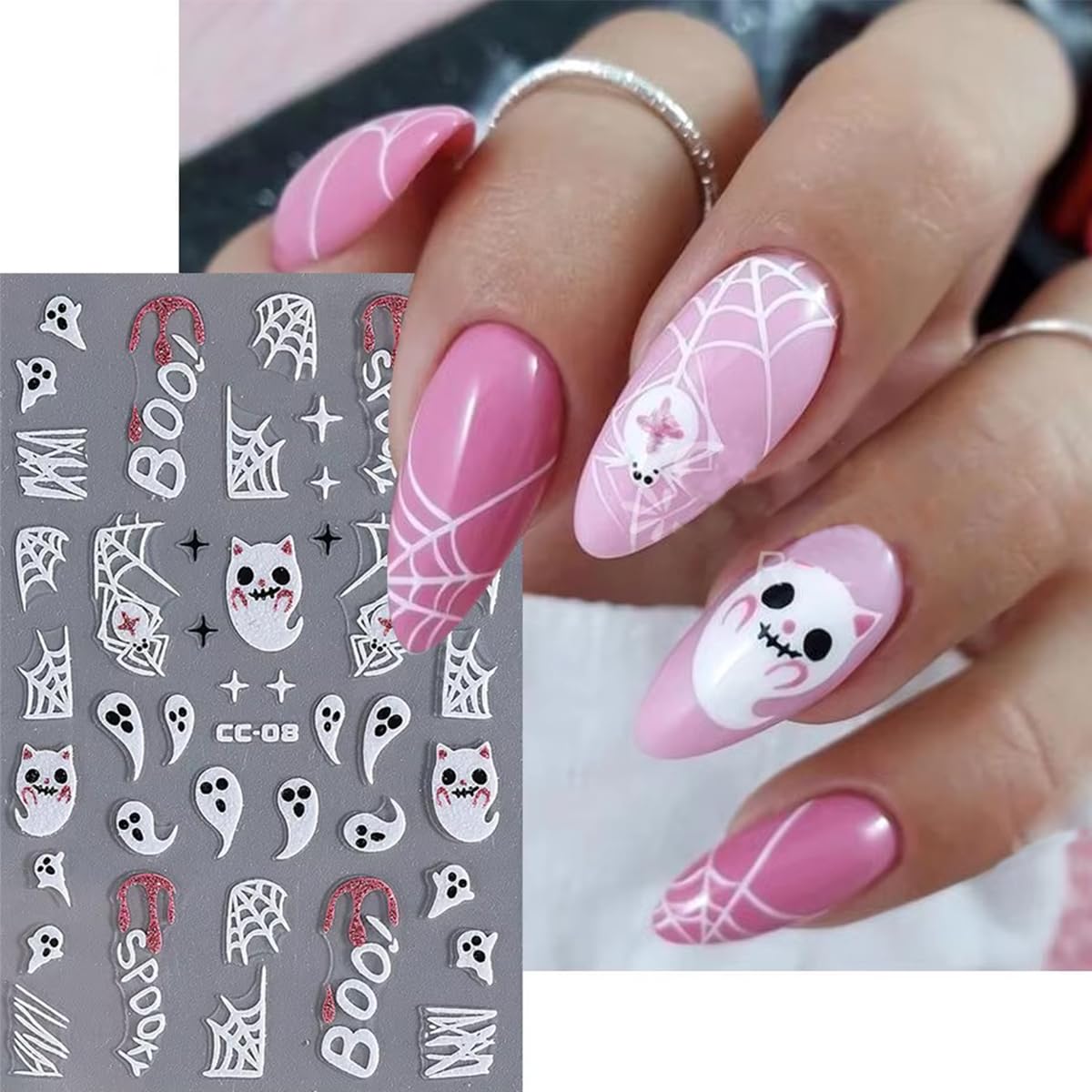 5Sheets Glow in Dark Halloween Nail Art Stickers - Luminous Spooky Nail Decals with Cute Ghost, Bat & Spider Designs for Women & Girls