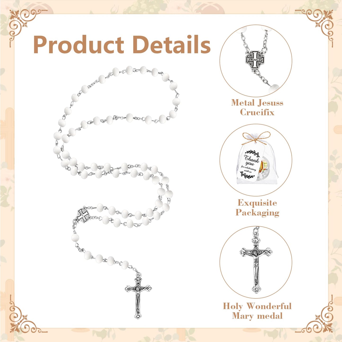 24 Pcs Scented Catholic Rosaries Bulk Wood Bead Crucifix Pendant Rosary Necklace for Baptism First Communion Favors, Catholic Regligious Event Prayer Gifts, Stocking Stuffers for Women Men (White)