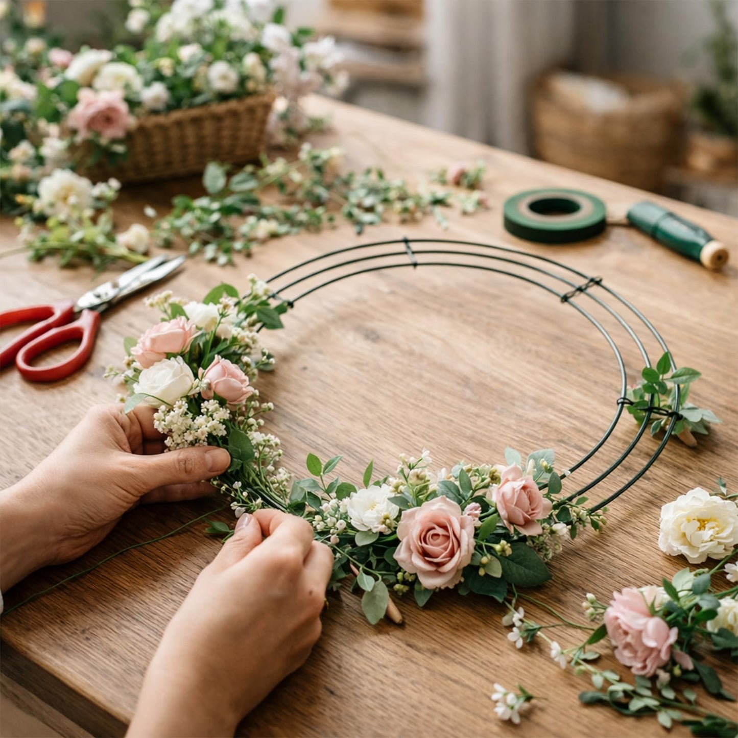 UltraOutlet 6 Pack 14 Inch Metal Wreath Frame Wreath Ring for Crafts with 6 Adhesive Hooks and 3.3 Yard Burlap, Front Door Christmas New Year Valentines Wedding Decoration