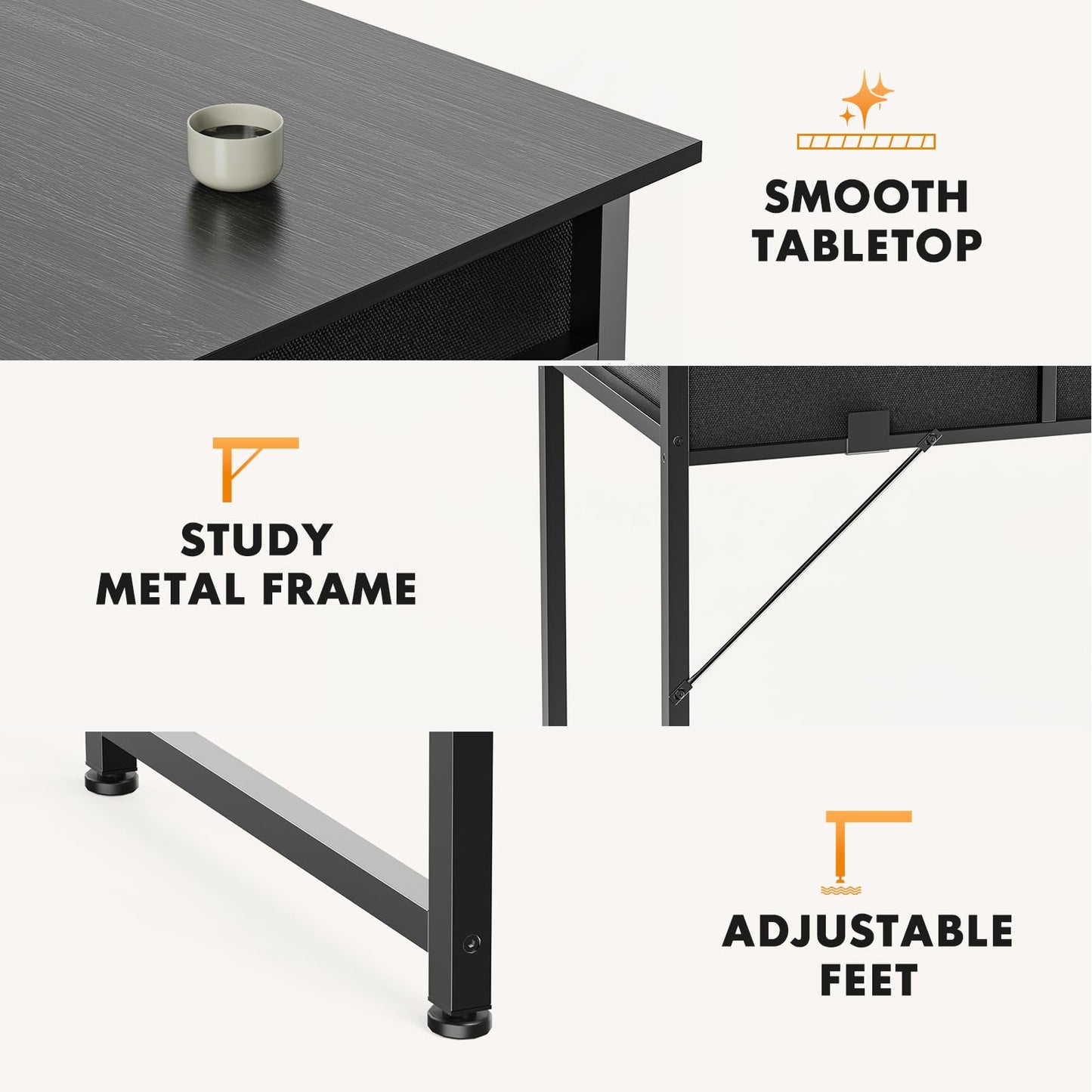 Sweetcrispy Small Desk with Fabric Drawers for Bedroom Home Office, 32 Inch Computer Gaming Desk Writing Study PC Table with Side Bag Headphone Hook Metal Frame Adjustable Feet,Pure Black