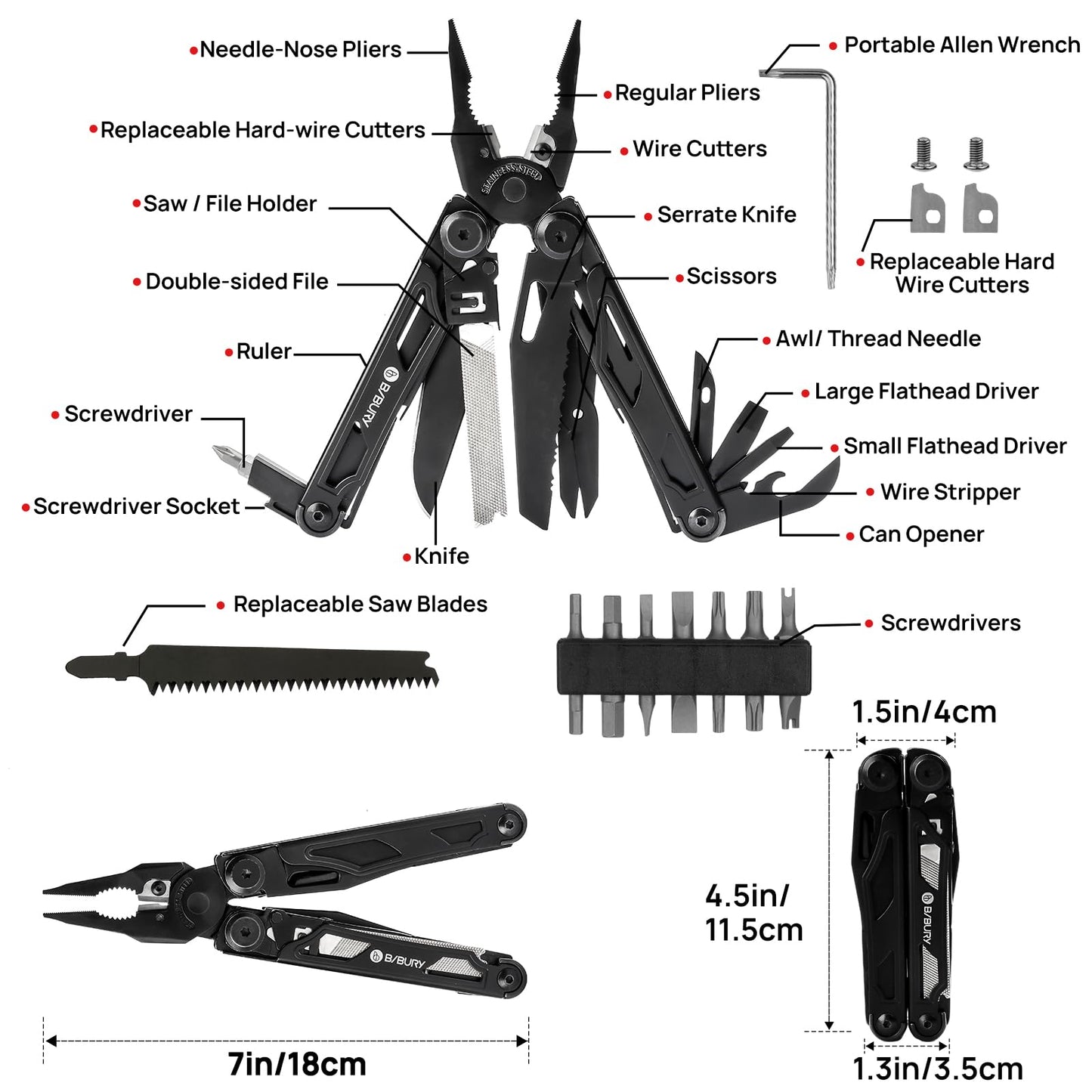 BIBURY Multitool Pliers Pro BI2045AB, Stainless Steel Foldable Multi Tool with Upgraded Scissors and Screwdriver, Multitools with Replaceable Wire Cutters and Saw, Ideal for Camping,Fishing,Survival