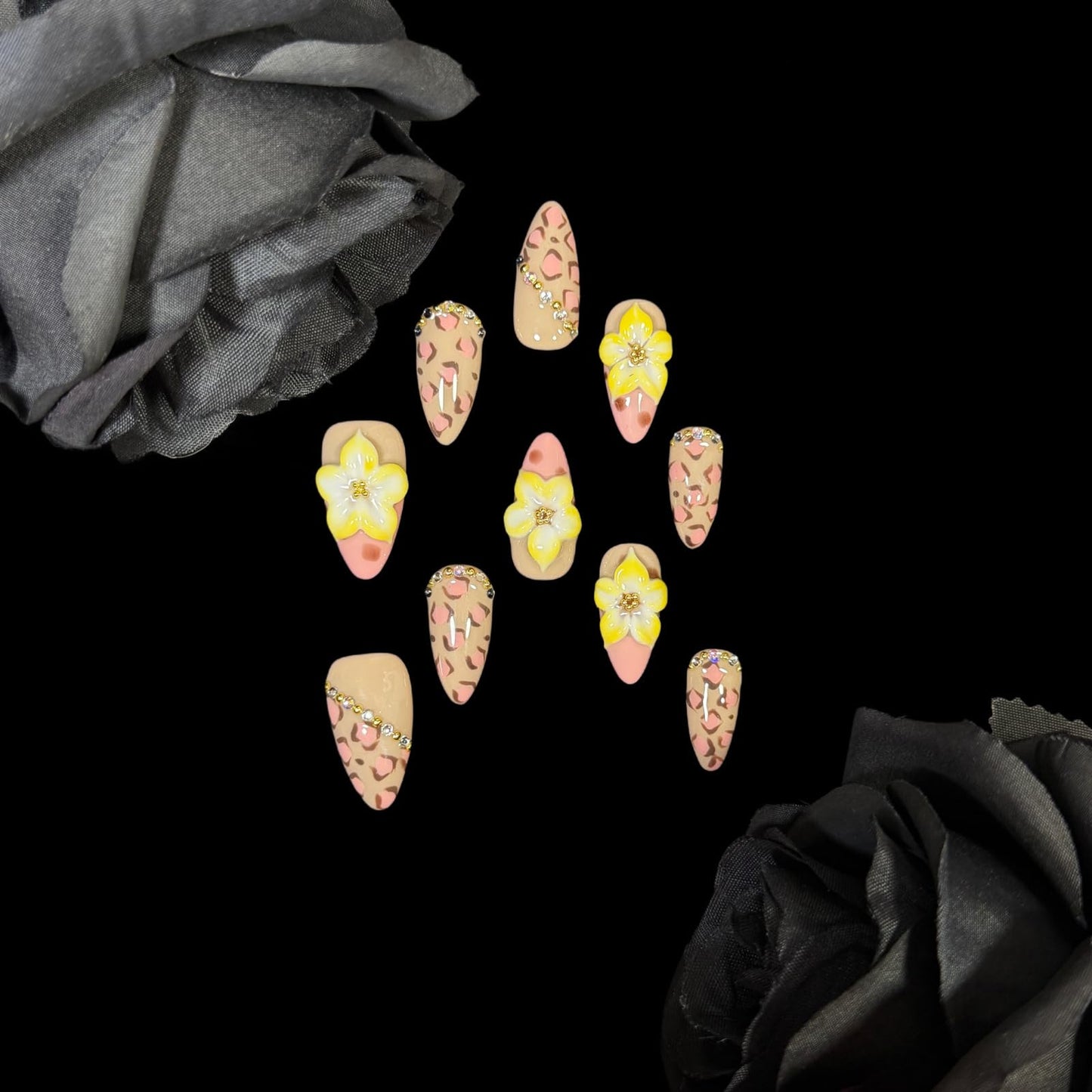 Handmade 3D Flower Leopard Press On Nails, Almond Shape, Vintage Deisgn Nude Pink with Rhinestones, Reusable Acrylic Thick False Nails Wild Meets Chic (M)