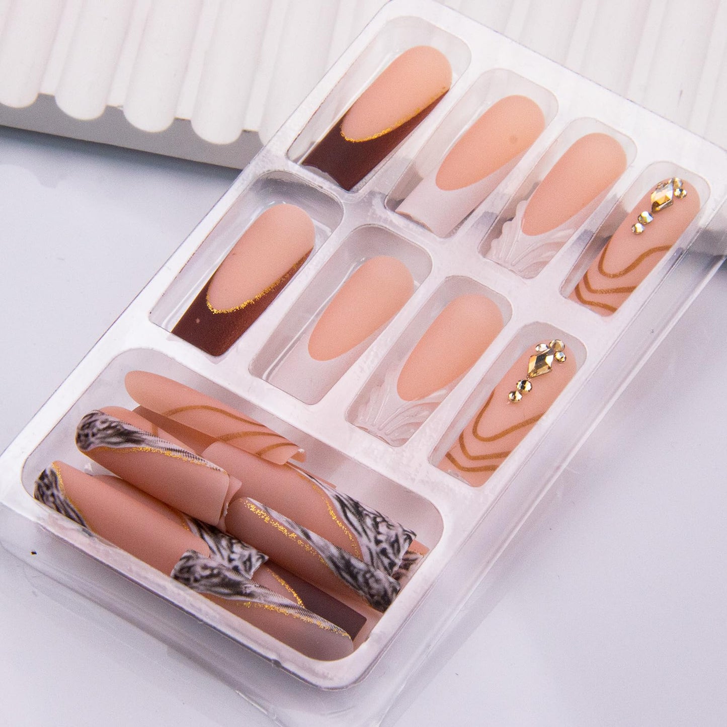 Long Square Press on Nails French Tip Fake Nails Brown Fall False Nails Press ons Gold Line Acrylic Nails Matte Finish Stick on Nails for Women Manicure 24Pcs