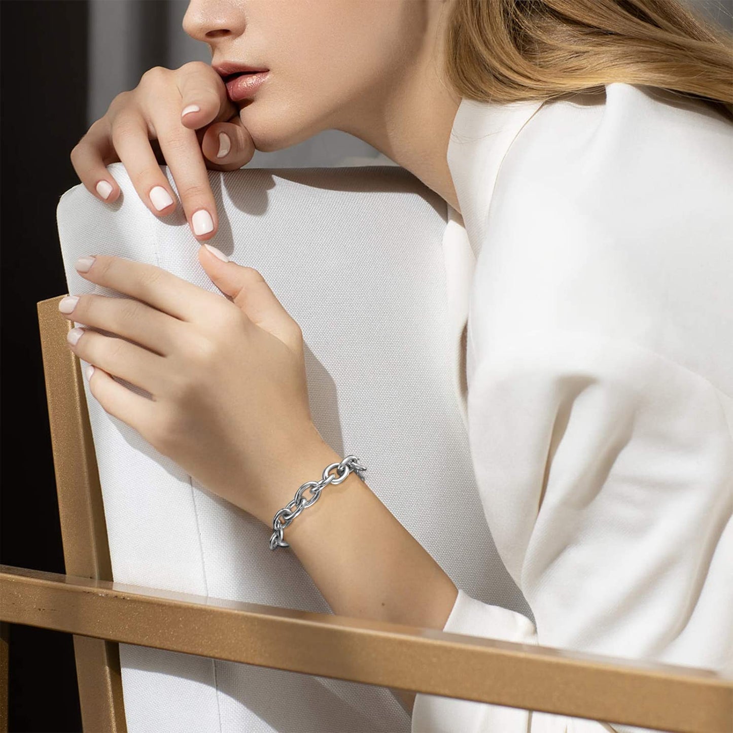 LANE WOODS Silver Bracelets for Women White Gold Plated Chunky Thick Large Link Chain Bracelet