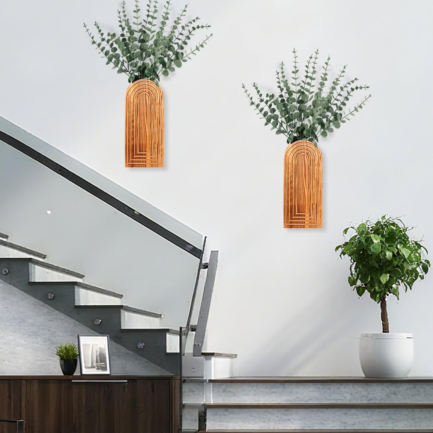 2 Pack Wood Wall Planter Vase Set with Artificial Eucalyptus,Wooden Wall Vase Modern Hanging Planters Boho Wall Mounted Indoor Planter Stand Holder for Living Room,Entryway,Hallway Decor(Light Brown)