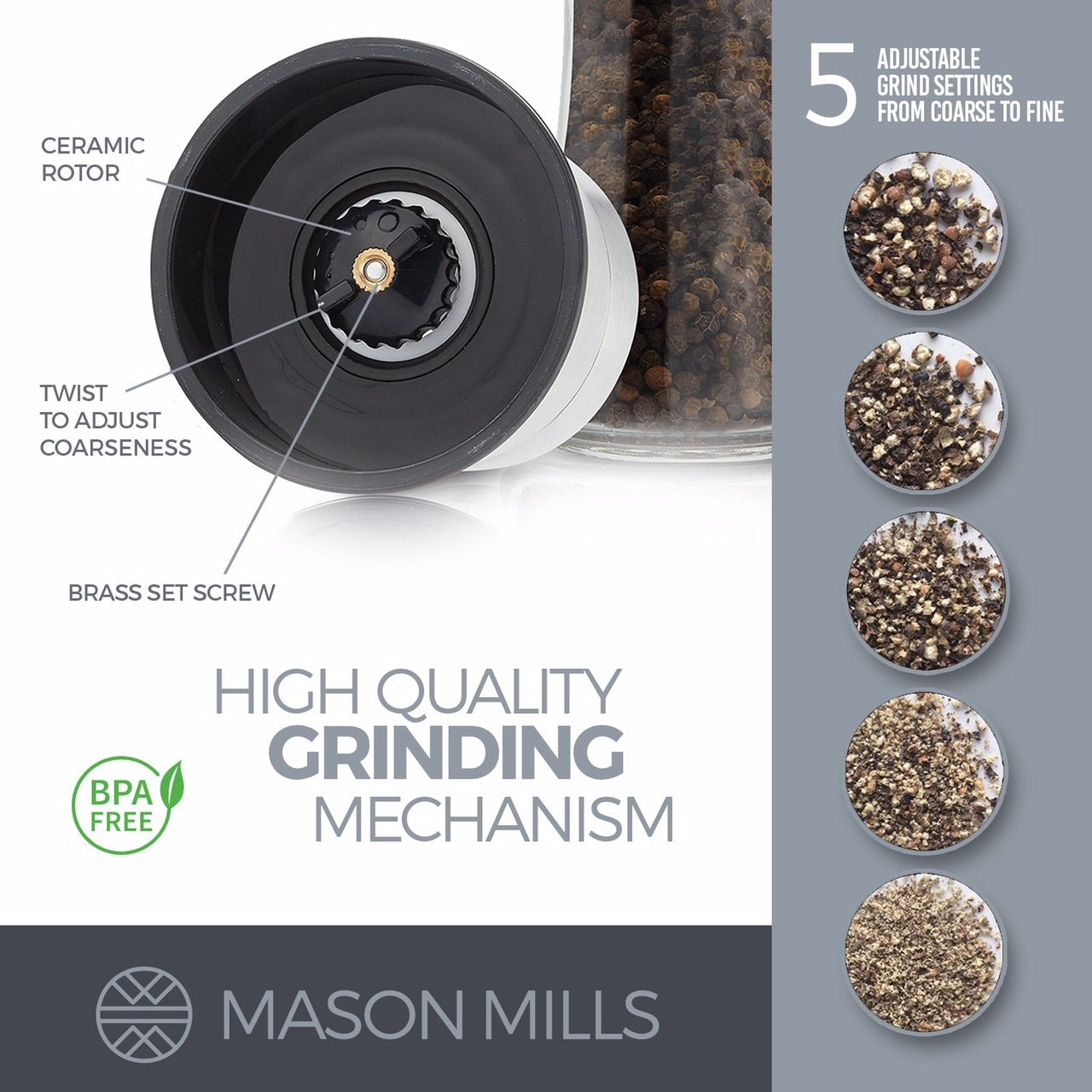Prefilled Stainless Steel Salt and Pepper Grinder Two Piece Set - Includes Himalayan Salt and Quality Black Pepper - Glass and Stainless Steel Mill - Large Capacity Shakers - Top Loading By Mason Mil