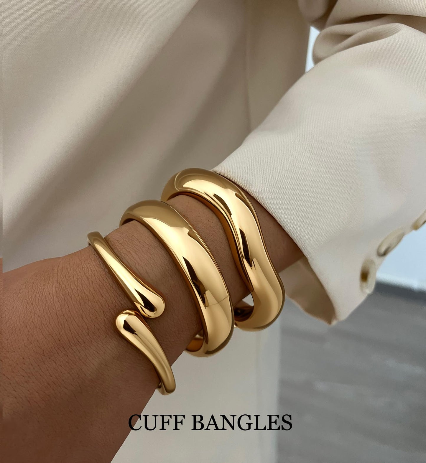 Chunky Gold Bangle Bracelets for Women, 14k Gold Plated Dainty Cuff Stackable Bangles Set, Trendy Bracelet Stack Fashion Jewelry Gifts (03-GOLD)