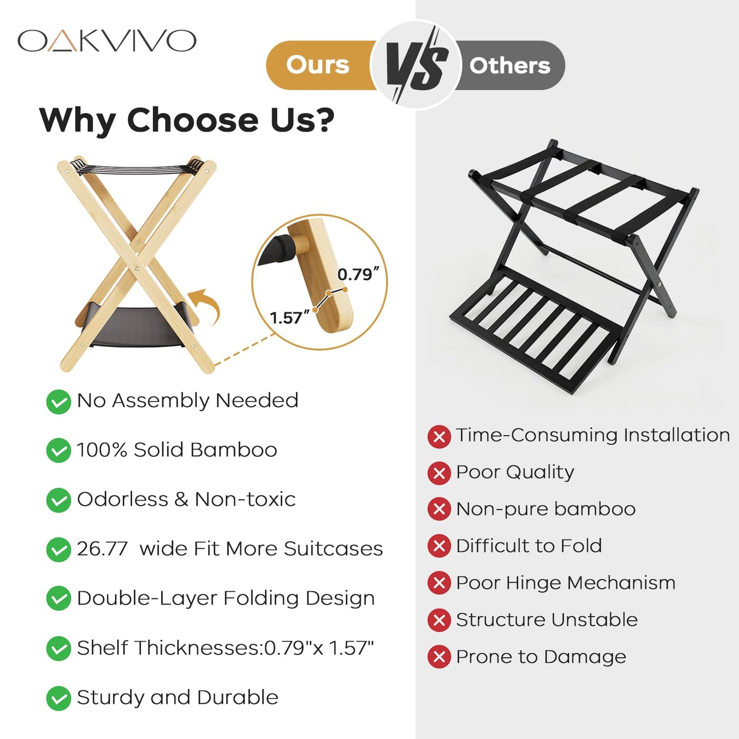 oakvivo Fully Assembled Luggage Racks Pack of 2, Bamboo Natural Foldable Luggage Rack for Guest Room, Suitcase Stand with Fabric Storage Shelf for Hotel, 5 Nylon Straps, 26.77" W x 16.93" D x 22.5" H
