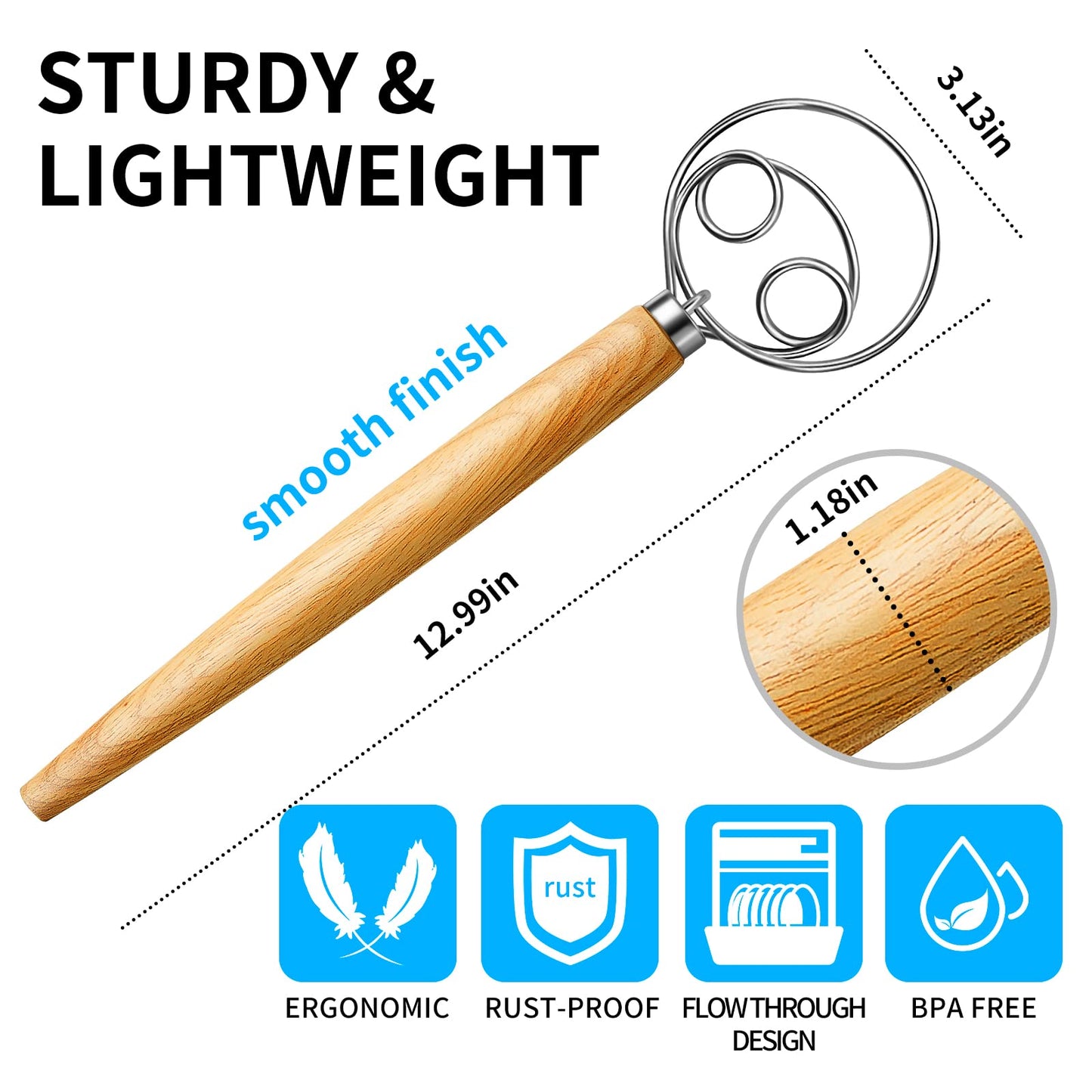 TEEVEA Danish Dough Whisk Stainless Steel Wooden Handle for Sourdough Pizza Bread Baking