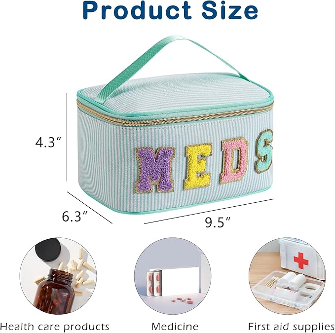 Chenille Letter MEDS Makeup Bag,Large Size Striped Medicine RX Cosmetic Bag with Top Handle, Aesthetic Seersucker First Aid Travel Organizer Bag for Women Girls(02Light Green)