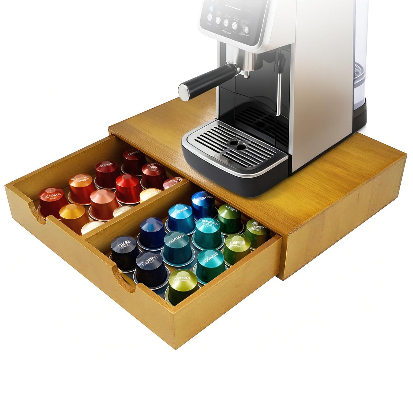 KISENG Coffee Pod 15" X 11" X 3" Natural Wood Countertop Organizer Drawer, Counter Top Espresso Tea Bag Station Storage Holder Box, Brown