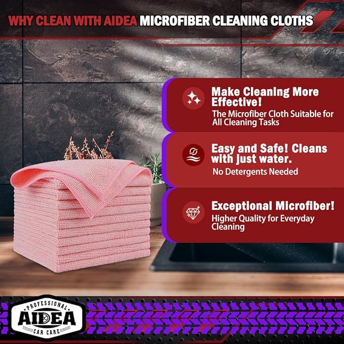 AIDEA Microfiber Cleaning Cloth Pink 10PK, Microfiber Towels for Cars, Premium Car Cloths, Dusting Cloth Lint Free Cleaning Rags for SUVs, House, Kitchen, Window, Workshops,12×12"