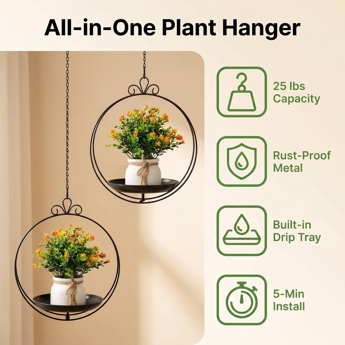 ZYUXUAN Hanging Planters for Indoor Plants, 2 Pack Metal Wall Ceiling Window Plant Hangers Kit with Trays and Chains for Succulents Pothos Herbs Balcony Patio Living Room