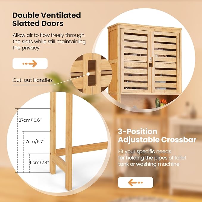 Giantex Over The Toilet Storage Cabinet, 4-Tier Bamboo Bathroom Space Saver with 2 Louver Doors, Open Shelf, Adjustable Bottom Bar, Over Toilet Bathroom Organizer for Laundry, Balcony, Restroom