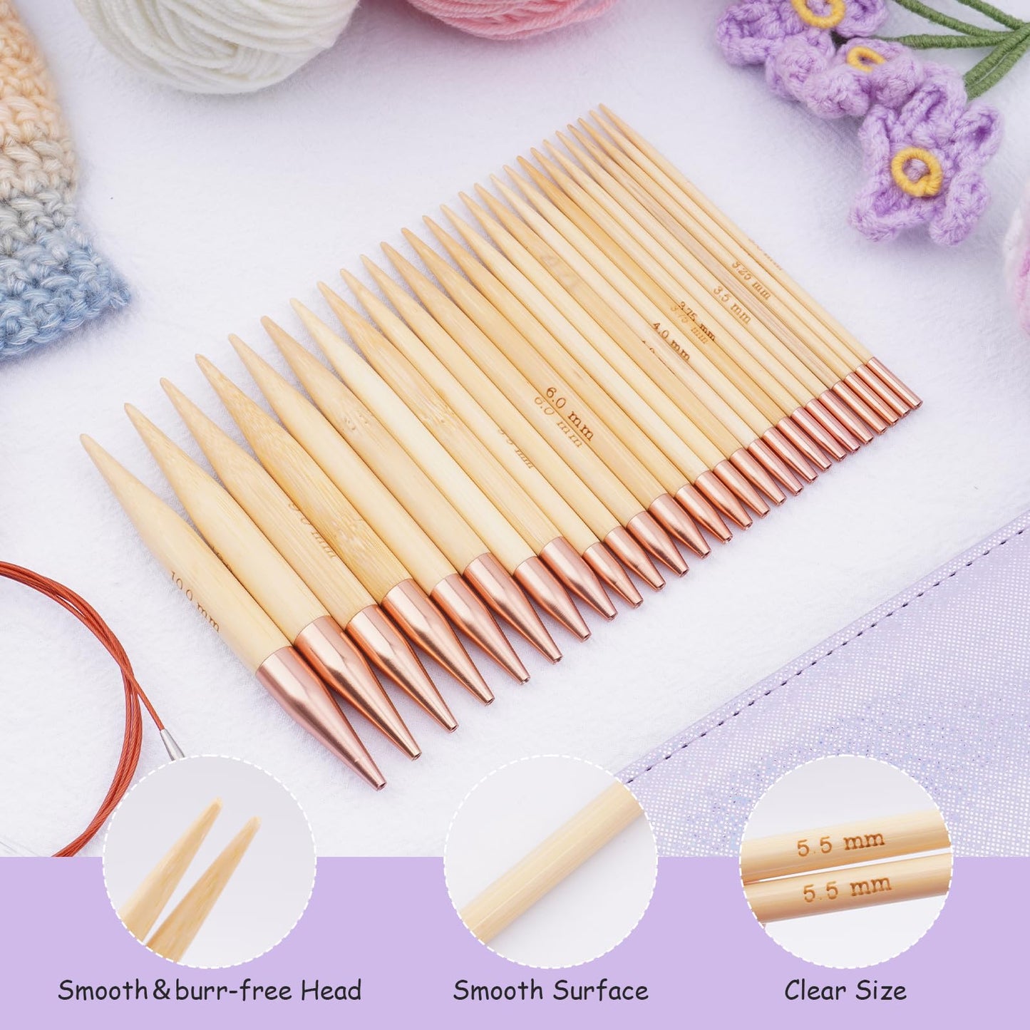 Hobekoee Bamboo Interchangeable Circular Knitting Needles Set 13 Pairs Interchangeable Knitting Needles 3.0mm~10.0mm