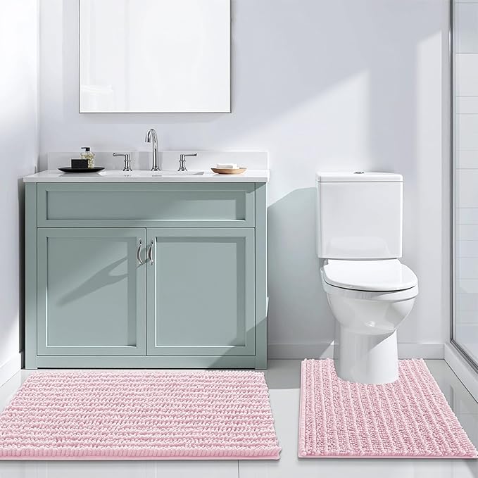Arotive Luxury Chenille Bathroom Rug Mat, Extra Soft Thick Absorbent Shaggy Bath Rugs, Non-Slip Machine Wash Dry, Plush Bath Mats for Bathroom, Shower and Tub, 47x24, Pink
