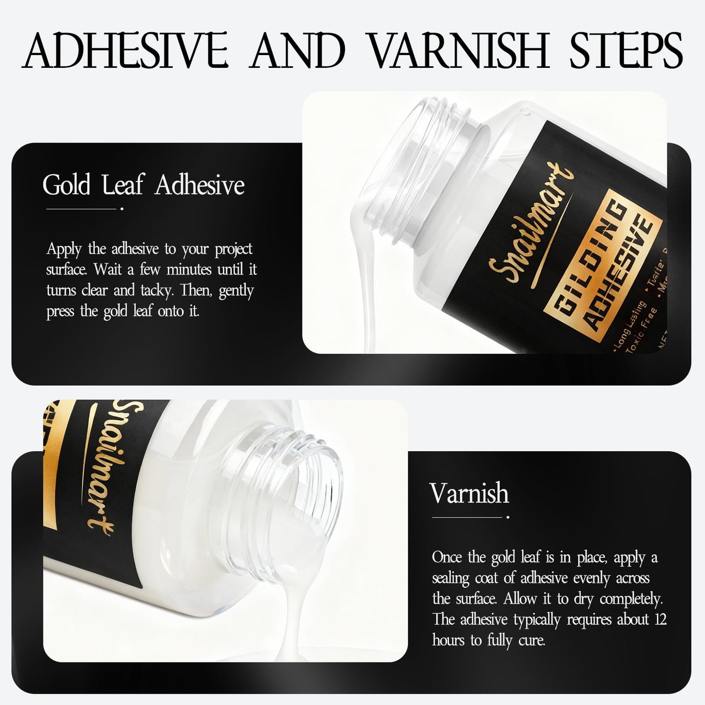 Snailmart Gold Leaf Kit, 100ml Water-Based Metal Leaf Glue and 100ml Protective Varnish, Gold Leaf Sheets 100 pcs, 2 Brushes, for Craft, Painting and Arts