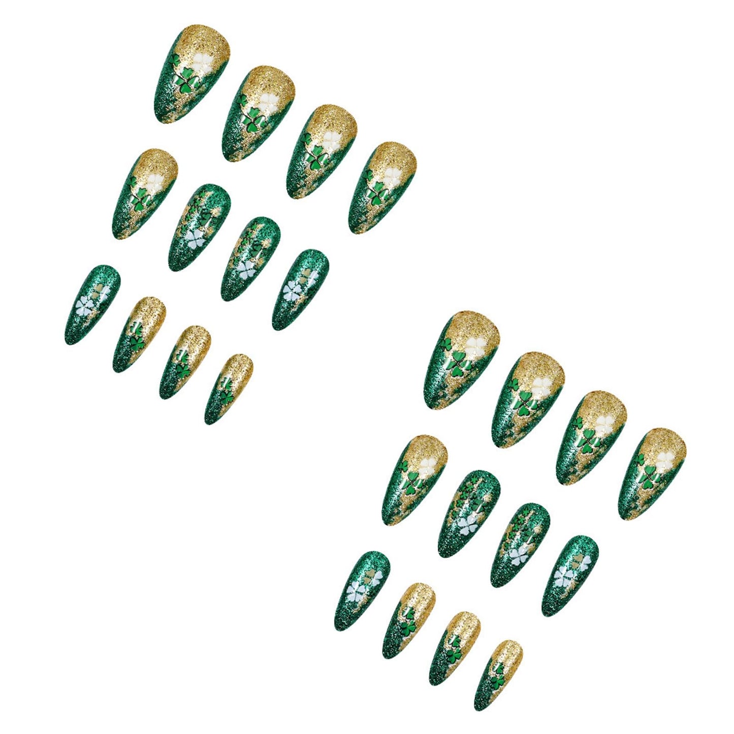 IMRAIN Press on Nails Medium Almond Fake Nails Green Golden Sequins, Clover Designs Glossy Glue on Nails Full Cover Stick on False Nails