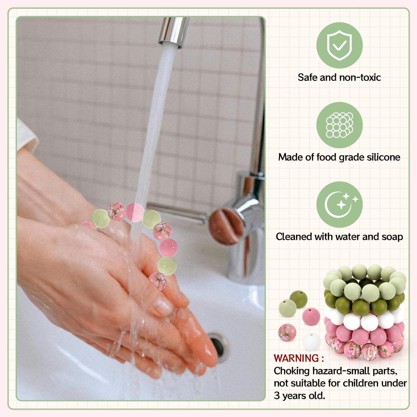 SALUOKE 100 Pcs 15mm Silicone Beads for Keychain Making, Pink Gream Silicone Beads Bulk Round for Bracelets Pens Crafts Jewelry Making (Pink Green)