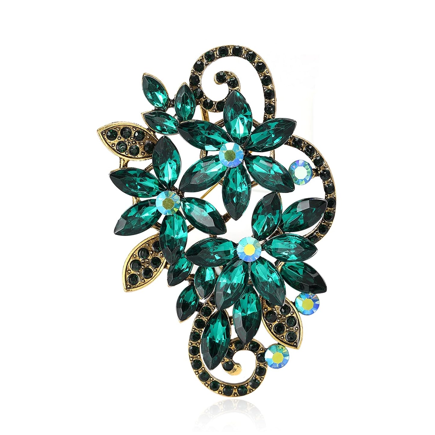 YOQUCOL Vintage Emerald Green Austrian Crystal Rhinestone Flower Shape Brooch Pin For Women