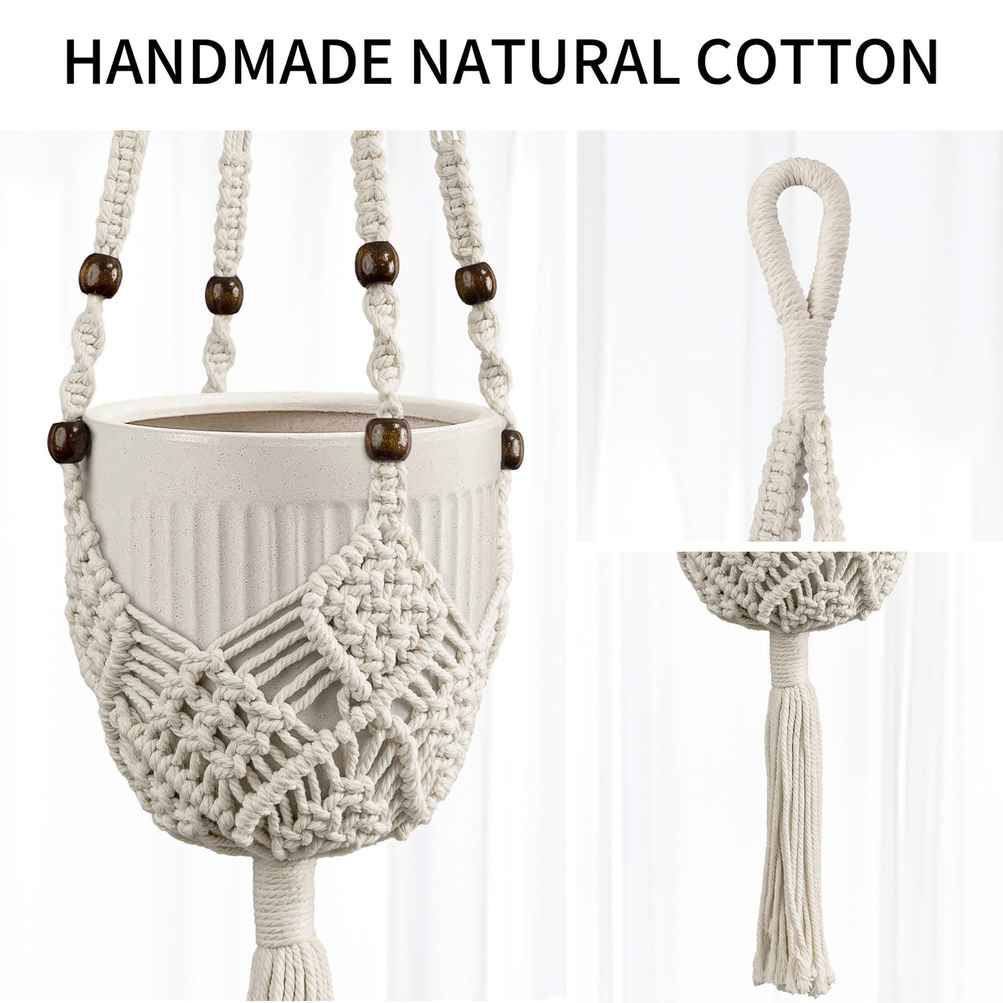 IDEEEPAN Macrame Plant Hanger - Fits 3 to 6 inches Pots for Indoor Outdoor, 35 Inch, Set of 2, Ivory (POTS NOT Included)