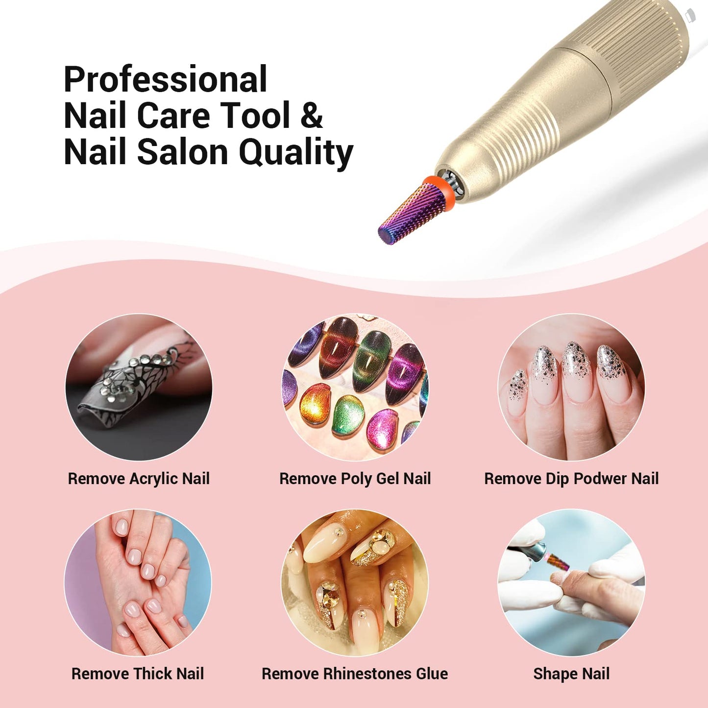 MelodySusie Professional 5 in 1 Nail Drill Bits, 3/32'' Carbide Tungsten Multi-function, Suitable for Manicure Pedicure Cuticle Gel Polishing, Purple, Fine