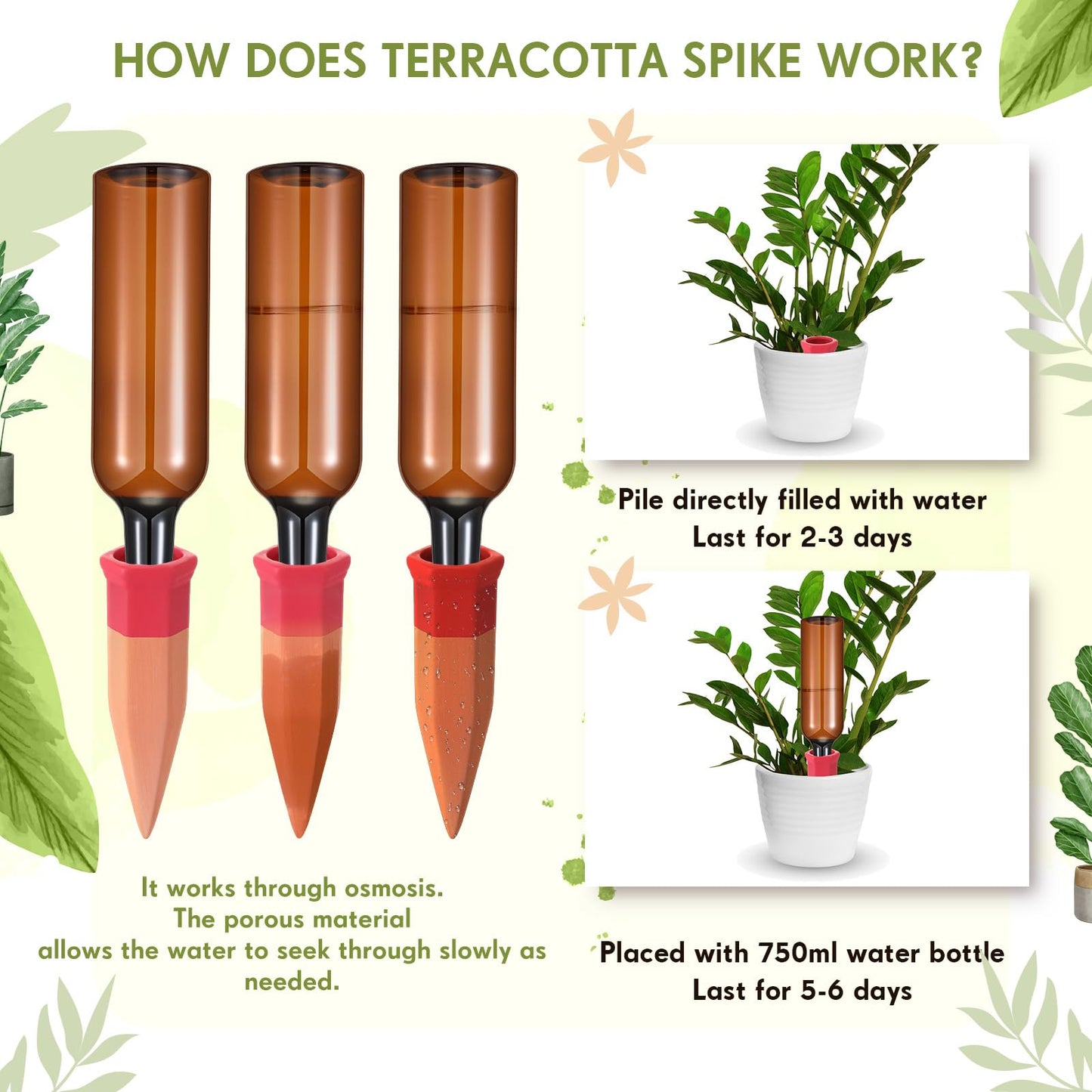 Baderke 8 Pcs 4 Set Plant Watering Devices, Terracotta Watering Spikes with 25 oz Plastic Wine Bottles, Slow Release Vacation Insert Automatic Plant Waterer Devices for Indoor Outdoor
