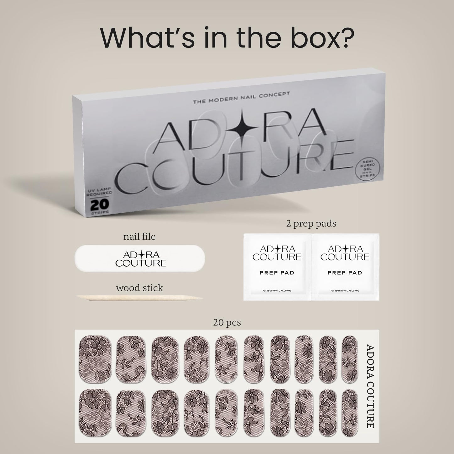 Adora Couture Semi Cured Gel Nail Strips with 20 Pieces - UV Gel Stickers, Manicure Kit, Easy Application Wraps Includes Prep Pads, Nail File, Wooden Stick - UV Light Required (Midnight Lace)