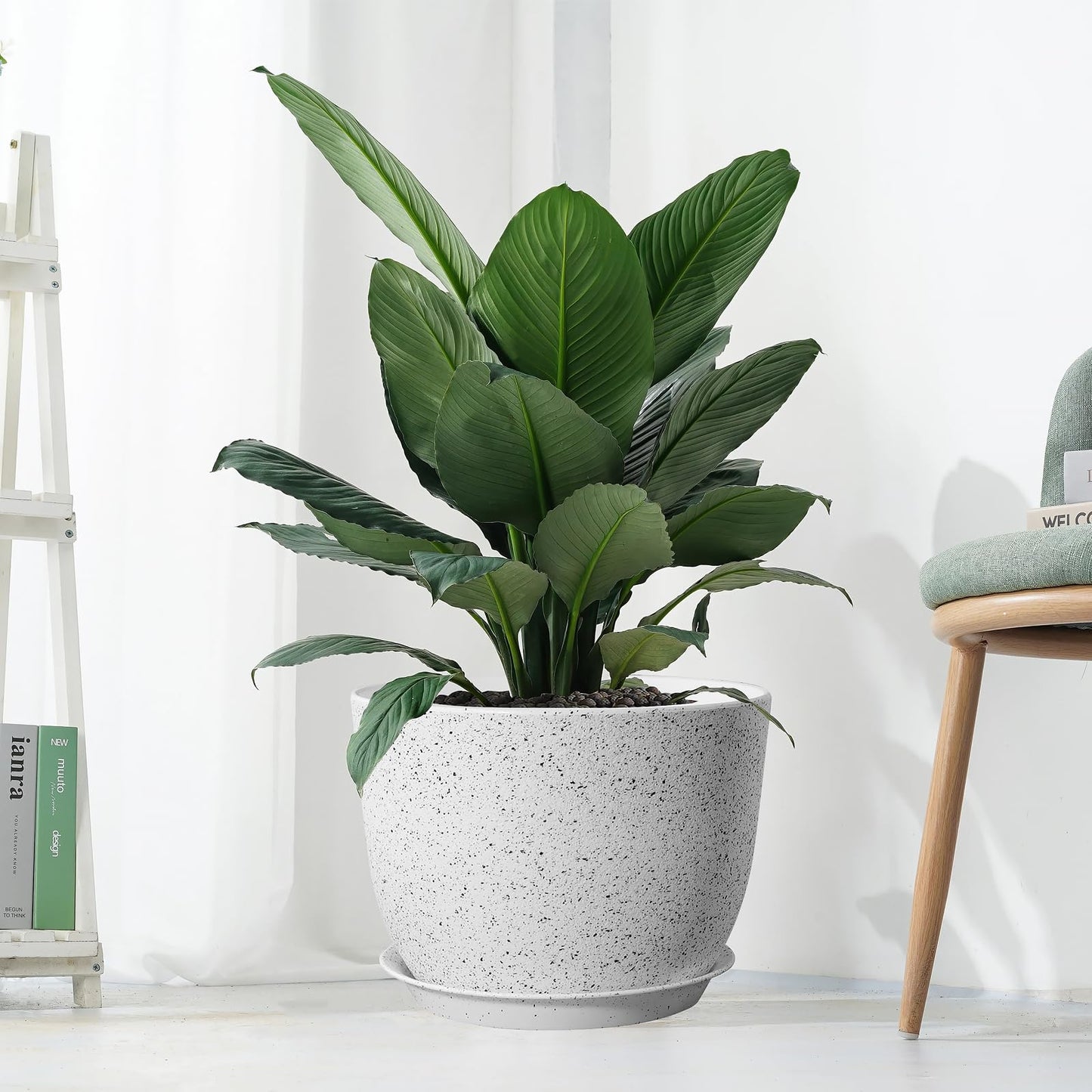 UOUZ 12/10/9 Large Modern Plant Pots, Plastic Planters with Drainage Holes and Saucers for Indoor Outdoor Plants Flowers, White Speckles