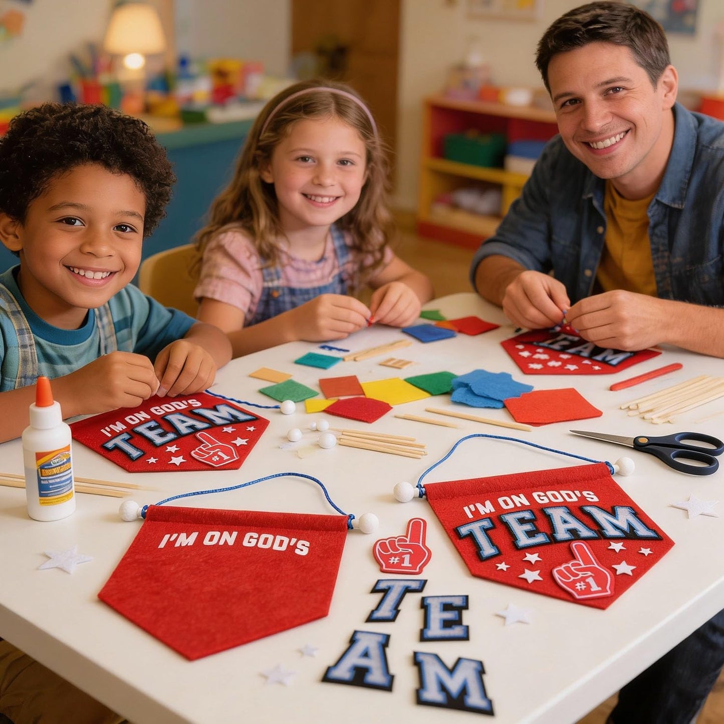 Fun Express I’m On God’s Team' Red Felt Banner Craft Kit – 12 Sets - Perfect for DIY Religious Decorations, Church Events & Sunday School Activities