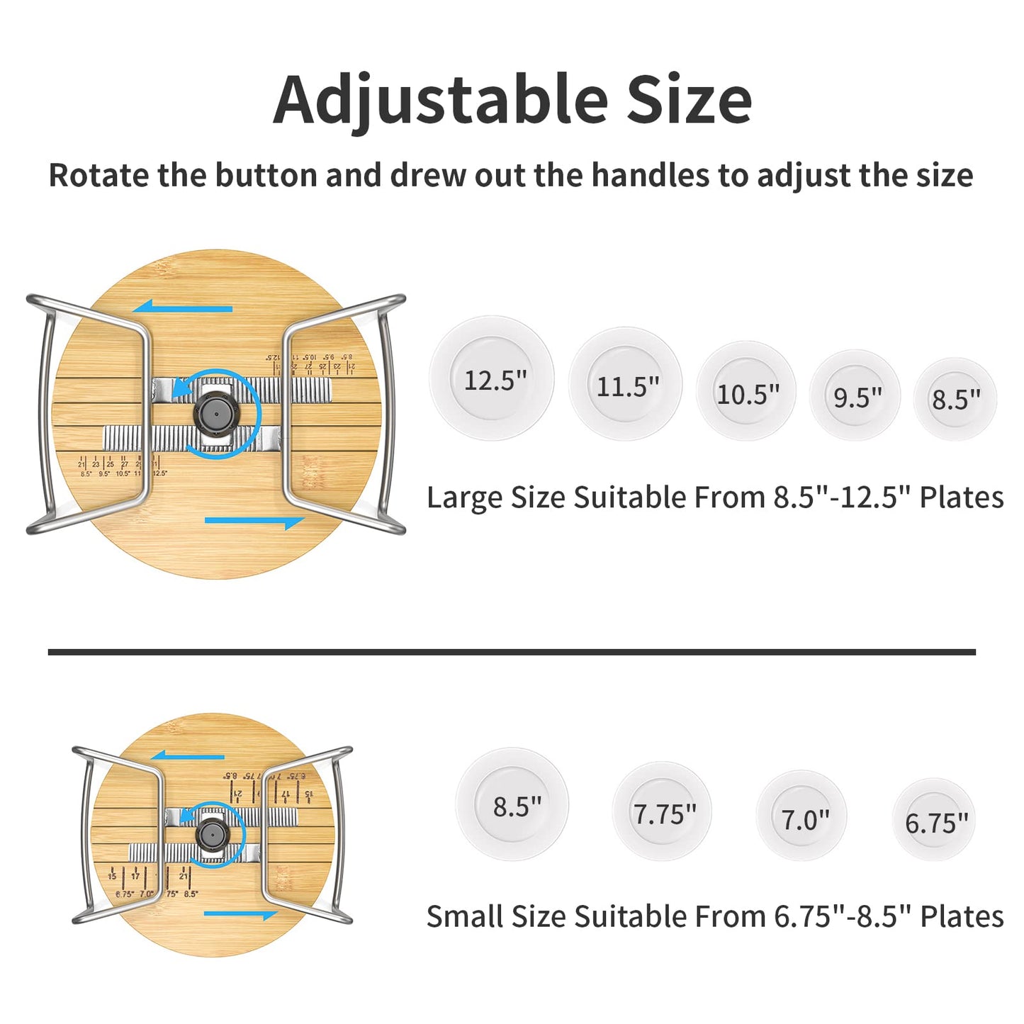 Adjustable Dish Rack for Kitchen Counter - Bamboo Plate Holder Organizer for Cabinet Wooden Bowl Organizer Stainless Steel Plate Stand Storage for Kitchen Drawer Countertop Cupboard Shelf RV