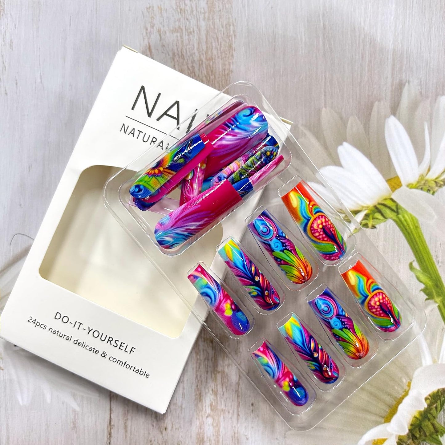 CJDLTS 24Pcs Press on Nails Long Length Colorful False Nails Peacock Feather Pattern Design Press Nails Full Cover Coffin Nails Artificial Acrylic Glue on Nails Ballet Shaped Stick on Nails for Women
